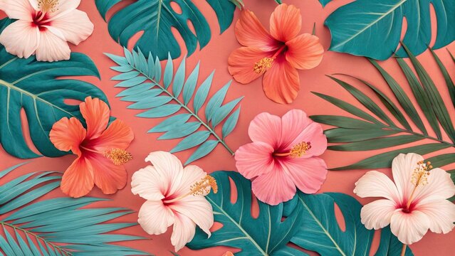 Colorful hibiscus flowers and exotic leaves arranged in a seamless repeating pattern on a bright coral background with turquoise accents, beachy vibe, watercolor style, leafy foliage