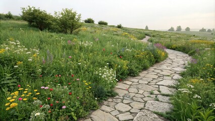 Obraz premium Colorful wildflowers and herbs in a lush green meadow bordering a winding stone path, garden borders, natural beauty, earthy tones, countryside, botanicals