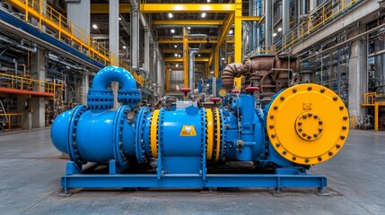 Industrial Machinery: A powerful blue and yellow industrial machine stands tall in a vast industrial facility, showcasing the heart of modern manufacturing.  