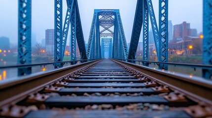 Steel Tracks to the City: A mesmerizing perspective down a railway track leading to a majestic blue steel bridge against a misty cityscape backdrop.