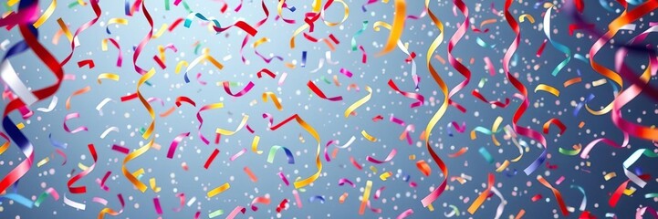 Confetti-filled air with colorful streamers and ribbons, festive, colorful streamers