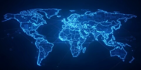 Fototapeta premium A digital, neon blue world map with a network grid overlay, highlighting geographical features and connections. Concept Neon Blue World Map, Digital Grid Overlay, Geographical Features