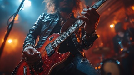 A guitarist performing passionately on stage, creating an energetic atmosphere.
