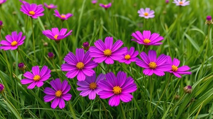 Obraz premium Cosmos flowers blooming in a vibrant purple hue amidst lush green grass, purple flowers, field of flowers