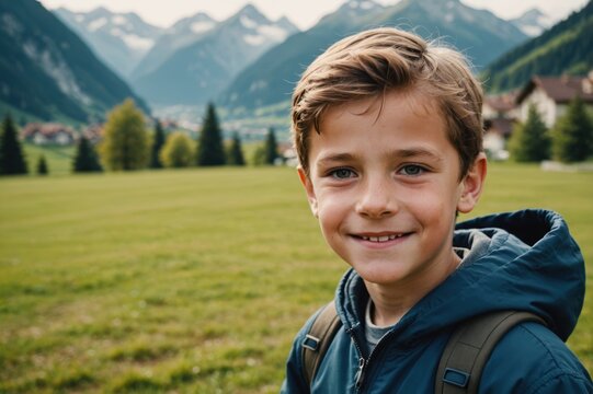 Close portrait of a smiling Swiss male kid looking at the camera, Swiss outdoors blurred background
