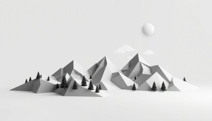 stylized mountain landscape created using a monochromatic color scheme in shades of gray. The composition features angular, geometric shapes that represent the mountains, giving them a modern.