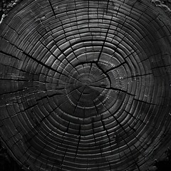 Obraz premium Close-up of dark, charred wood cross-section showing concentric rings and cracks.