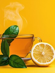 Steaming Cup of Herbal Tea with Fresh Lemon and Green Leaves on Vibrant Yellow Background