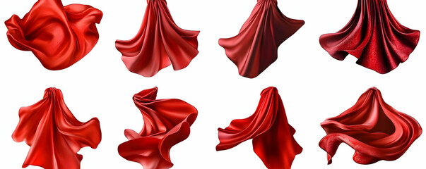 Fototapeta premium Realistic 3D Render of Red Silk Cloths in Dynamic Poses, Isolated on White Background