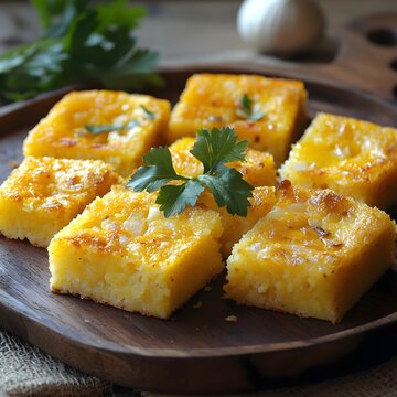  Paraguayan sopa paraguaya, a cornbread-like dish made with cornmeal, cheese, and onions. Served in square slices on a rustic wooden plate, garnished with a sprig of parsley. 