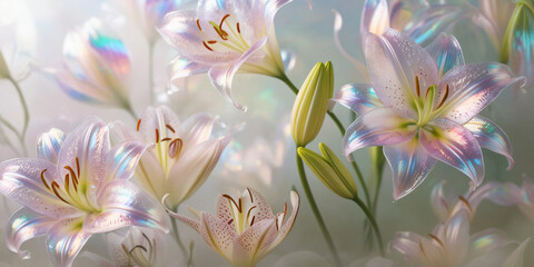 Obraz premium beautiful light spectrum lily flowers, flower pattern, lily flower background, created by Generative AI