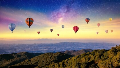 Obraz premium Colorful hot air balloons flying over mountain at Dot Inthanon in Chiang Mai, Thailand. 