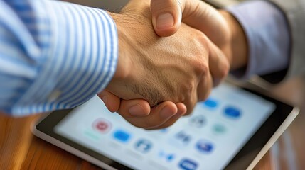 A close-up of a handshake over a digital tablet showing the merged company's new marketing campaign 32k