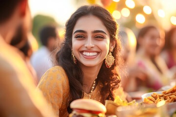 Indian Friends celebrating a festival, gathered around a beautifully set table and enjoying food