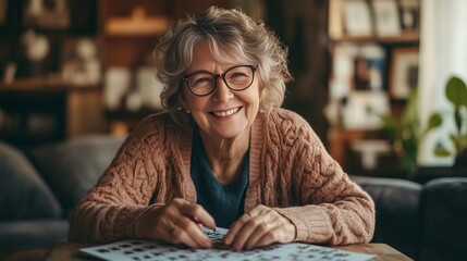 Obraz premium Smiling Senior Woman Solving Crossword Puzzle at Home, Embracing Mental Wellness and Relaxation