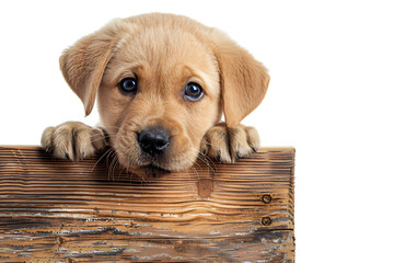 Dog with wooden plank left blank on white background