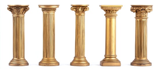 Set of Different Golden Antique Columns or Pillars Isolated on White Background