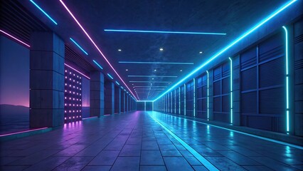 Fototapeta premium Dark blue background with glowing LED strips and pulsing colors, stage decoration, blue stage, electronic display, glowing lights