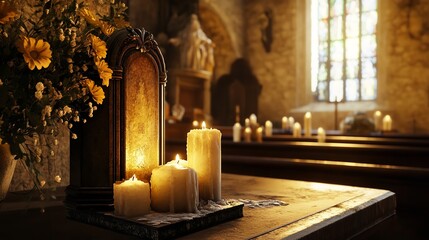 Photo Frame, Cremation Urn, and Candles in Church 8K Realistic