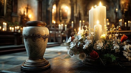 Photo Frame, Cremation Urn, and Candles in Church 8K Realistic