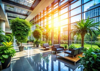 Fototapeta premium Modern Office Lobby Silhouette with Natural Light and Greenery - Contemporary Workspace Design, Bright Interiors, Urban Jungle, Minimalist Aesthetics, Eco-Friendly Atmosphere