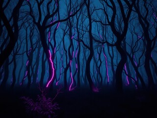 Obraz premium Dark forest landscape with twisted black trees and pink neon glow, mystical forest, nighttime landscape