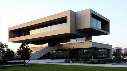 Obraz premium Modern Minimalist Concrete Building with Geometric Design and Glass Facades in Urban Setting