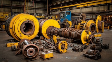 Obraz premium Industrial Machinery: A close-up of heavy-duty machinery in a workshop, showcasing intricate gears, shafts, and components, highlighting the industrial strength and power of modern manufacturing. 