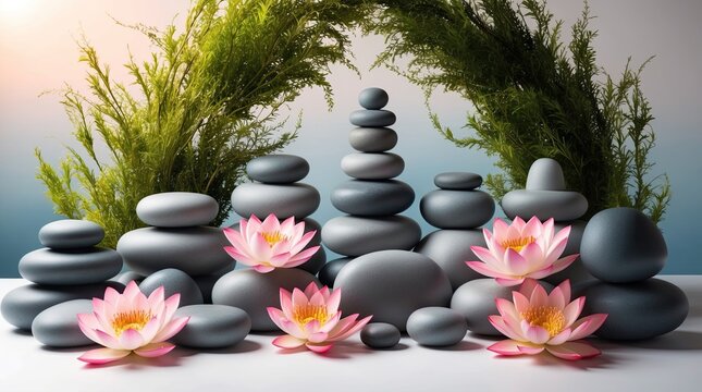 Stack of stones with lotus flowers in a bushes background 