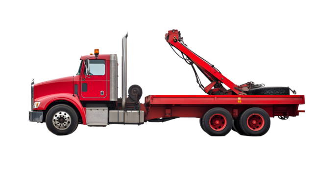 A Red Tow Truck Ready for Action in a Detailed Side View Depicting Its Features and Equipment. isolated white