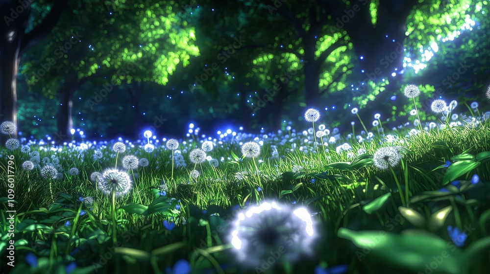 Poster a meadow filled with glowing dandelions gently swaying in the breeze.