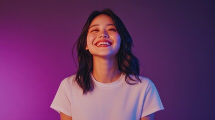 Happy Young Woman Smiling Brightly Against Purple Background