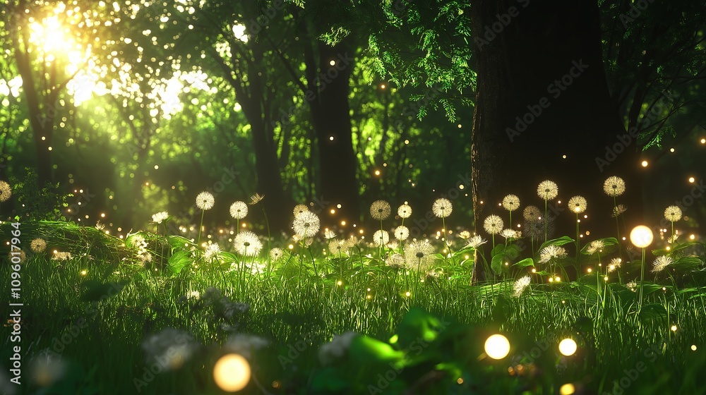 Poster a meadow filled with glowing dandelions gently swaying in the breeze.