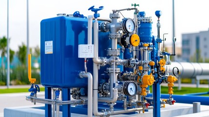 Industrial Gas Regulator System:  A close-up view of a complex and intricate industrial gas regulator system, showcasing a network of pipes, valves, and gauges.  The system is in a state of readiness.