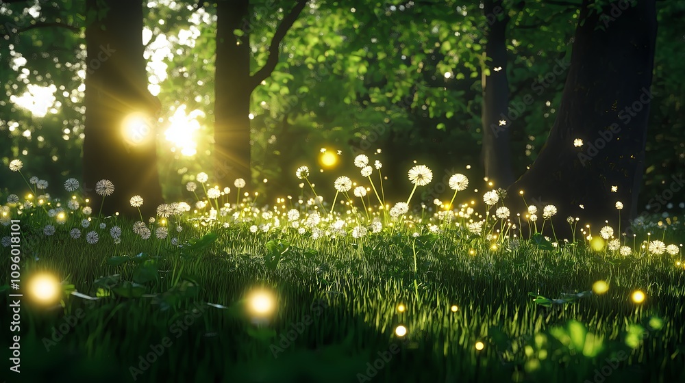 Poster a meadow filled with glowing dandelions gently swaying in the breeze.