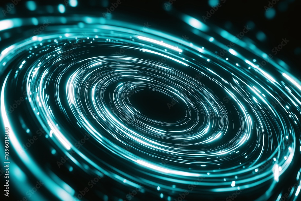 Poster a minimalist sci-fi wormhole with swirling gradients in white and blue.