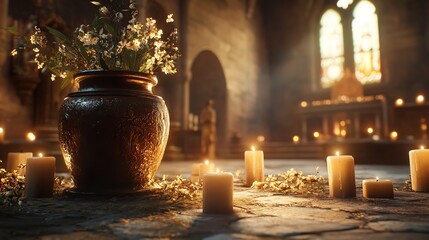  Photo Frame, Cremation Urn, and Candles in Church 8K Realistic