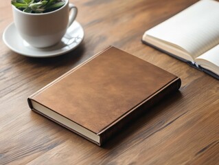 Fototapeta premium Brown leather book on wooden table with coffee cup and notebook.