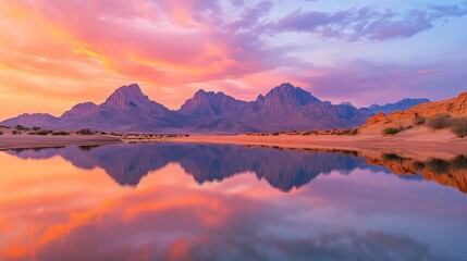 Fototapeta premium Serene Sunset Reflection: A breathtaking panorama captures the vibrant hues of a sunset mirrored perfectly in a tranquil body of water, with majestic mountains forming a dramatic backdrop.