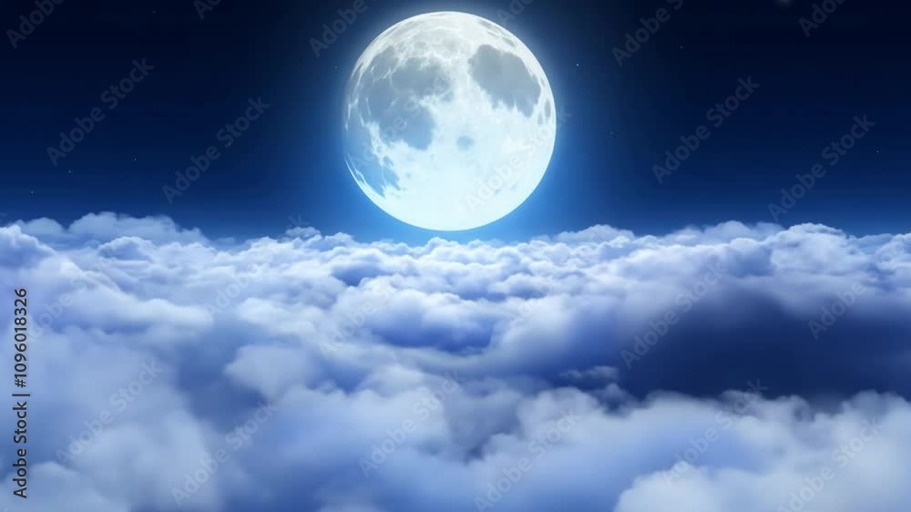 Fototapete a brilliant full moon shines brightly in a dark sky, casting a soft glow over fluffy clouds, creatin