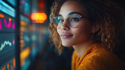 A thoughtful woman gazes at digital screens displaying data and charts.