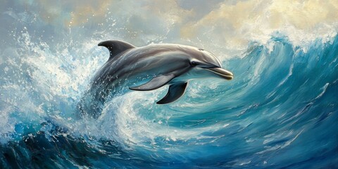 Naklejka premium Dolphin leaps gracefully through ocean waves, showcasing the playful nature of dolphins. This captivating wildlife scene captures the essence of a bottlenosed dolphin in vibrant blue waters.