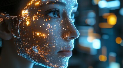 Futuristic digital face with glowing patterns.