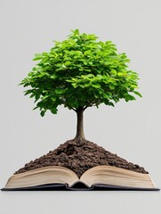 Tree Growing from Open Book Symbolizing Knowledge, Growth, and Environmental Education on a Neutral Background