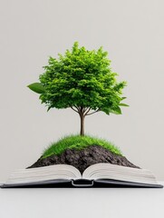 Open Book with Lush Green Tree Growing from Pages Symbolizing Knowledge and Growth Against Neutral Background