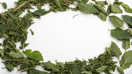 Fototapeta premium Dried nettle tea leaves arranged in a circular pattern on a white background, tea leaves, arrangement
