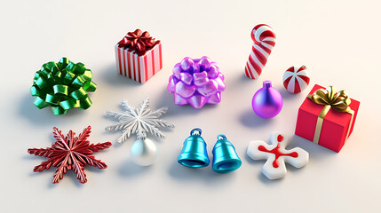 "A collection of colorful, festive 3D icons, including bells, gift boxes, snowflakes, and candy canes, floating on a clean white background. Highlighting the beauty of imperfections. f/1.4 wide 