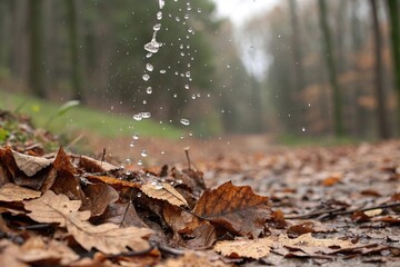 Obraz premium Droplets of water falling from the sky onto dry leaves on a forest floor, leaves, falling