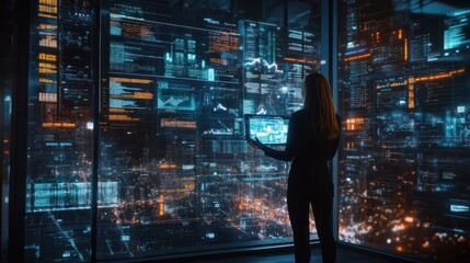 Technology, ai and business woman networking or trading at night using virtual UX interface at work. Female using big data hologram with futuristic 5g network and social connections in dark office