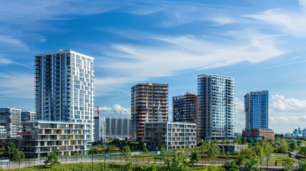 Fototapeta premium A row of minimalist, contemporary skyscrapers against a blue sky.